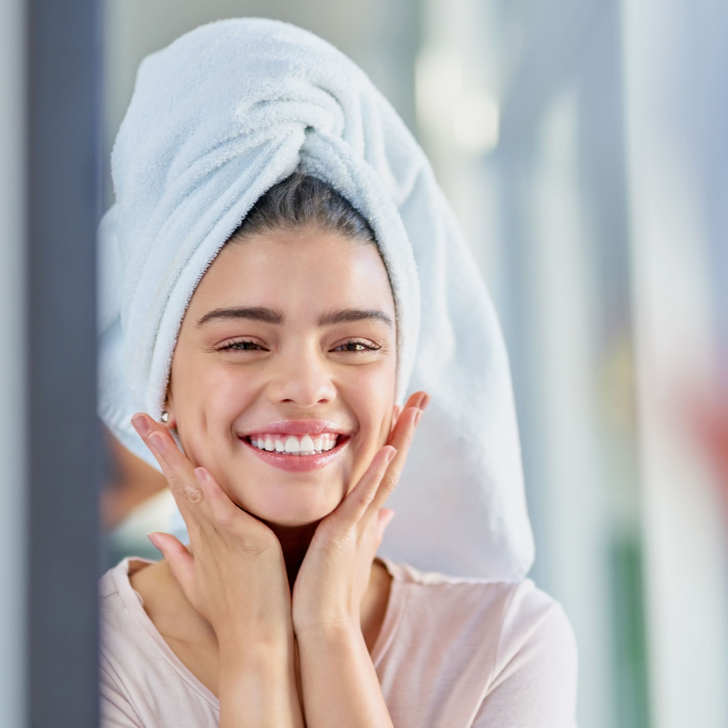 mirror excited woman bathroom with beauty glow smile wellness house home face towel happy girl with confidence cosmetics results skincare with dimples health pride 1