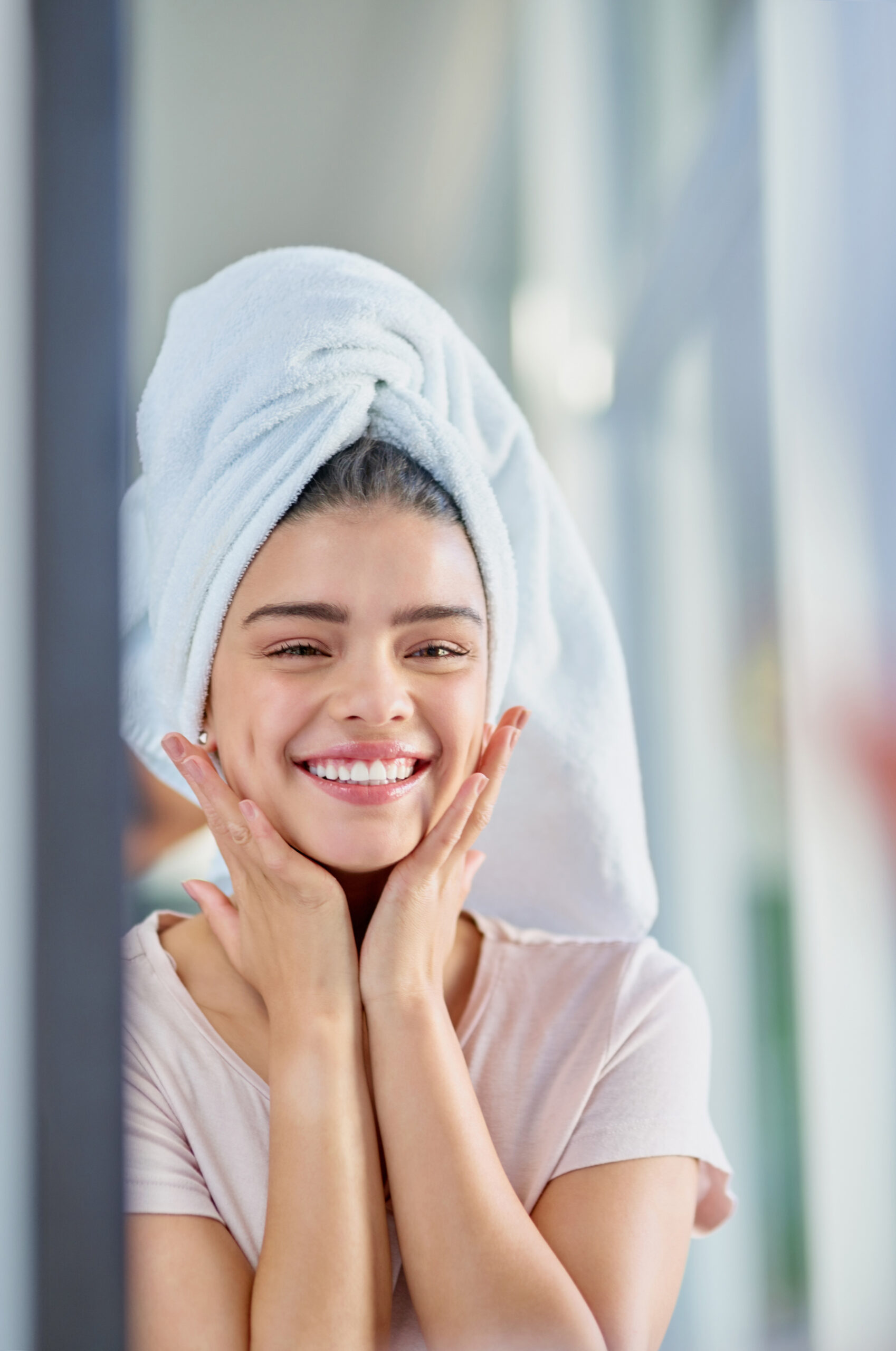 mirror excited woman bathroom with beauty glow smile wellness house home face towel happy girl with confidence cosmetics results skincare with dimples health pride scaled
